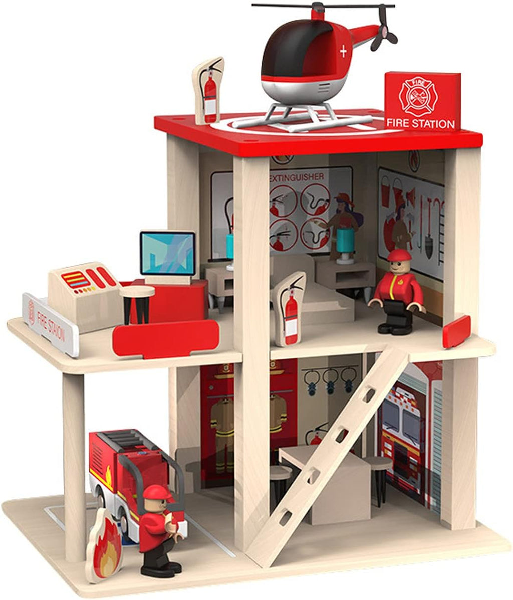 Wooden Fire Station Playset-Educational Toys for Toddlers Kids