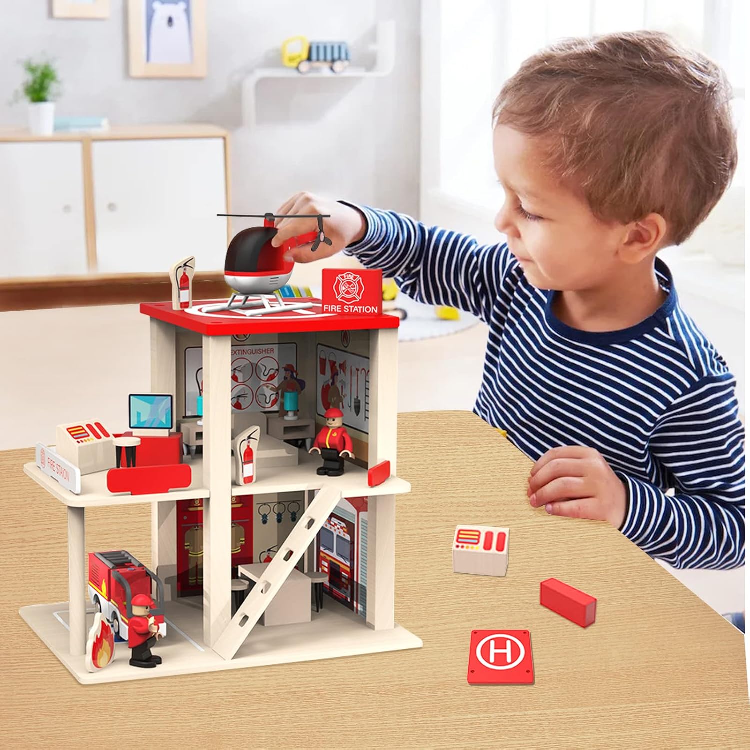 Wooden Fire Station Playset-Educational Toys for Toddlers Kids